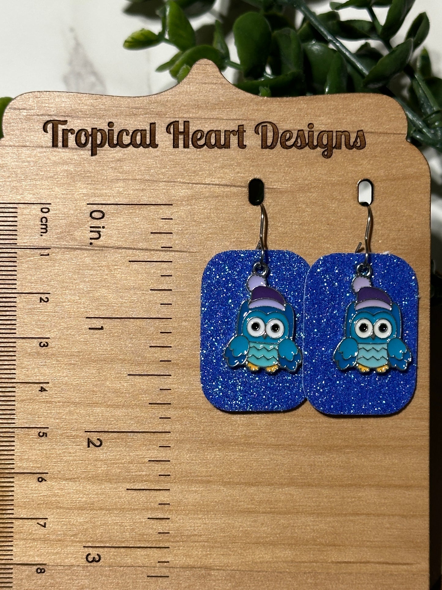 Owl/Blue Glitter Rectangle Earrings
