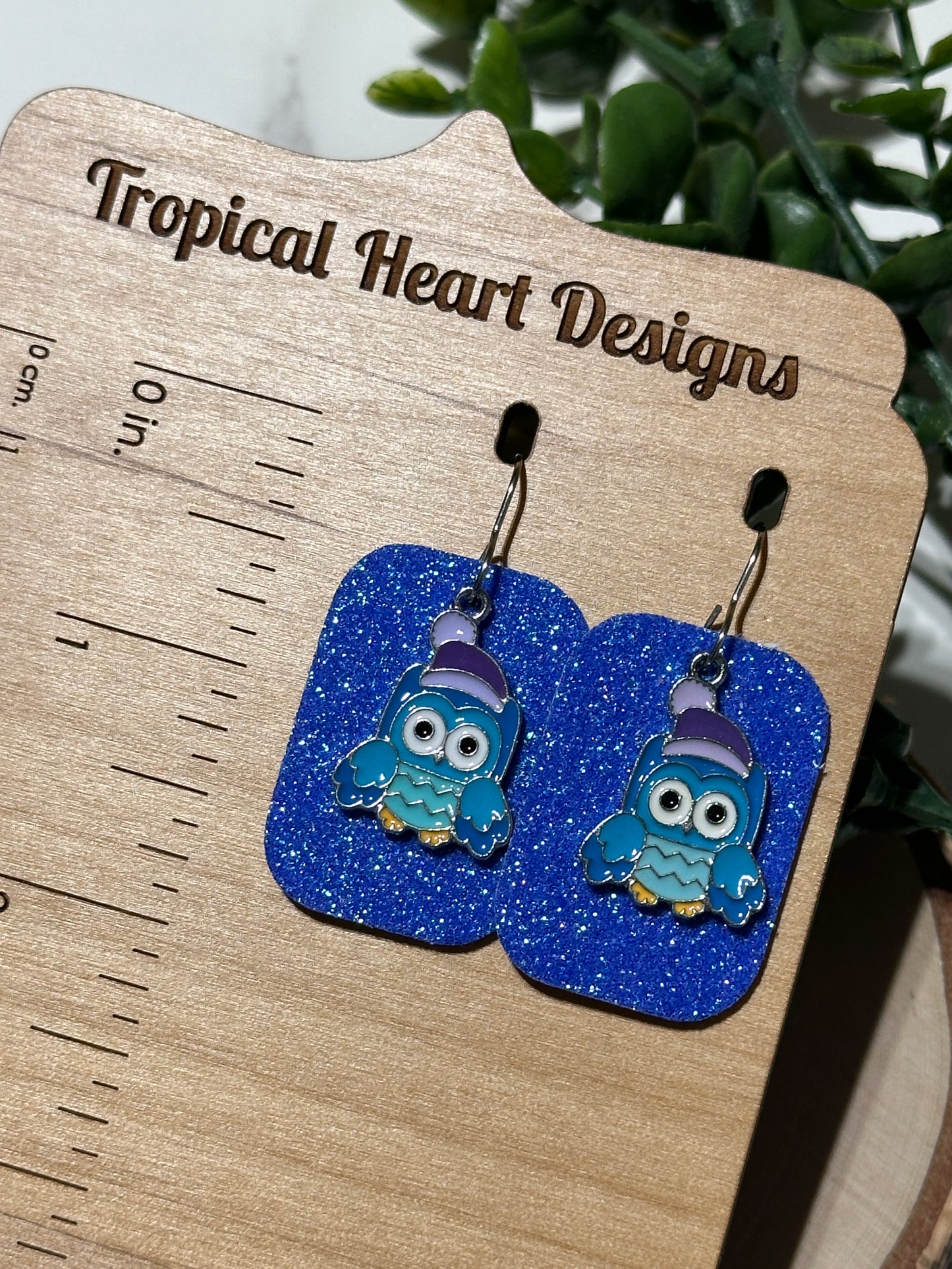 Owl/Blue Glitter Rectangle Earrings