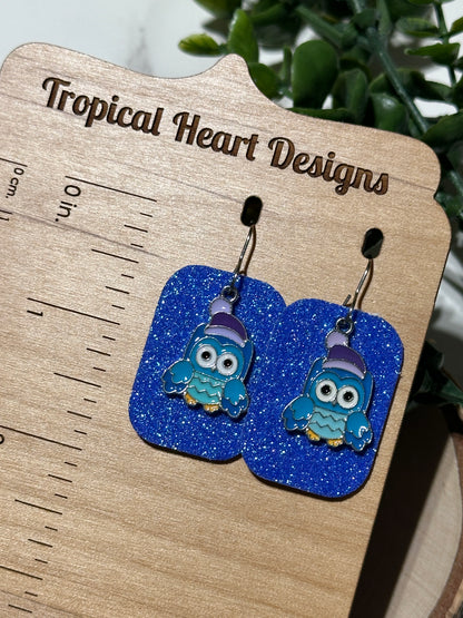 Owl/Blue Glitter Rectangle Earrings