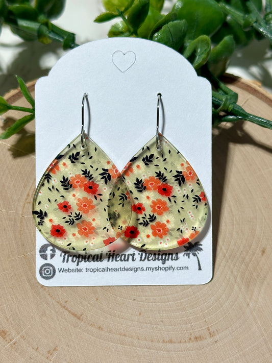 Small Acrylic Teardrop Earrings - Orange Flowers