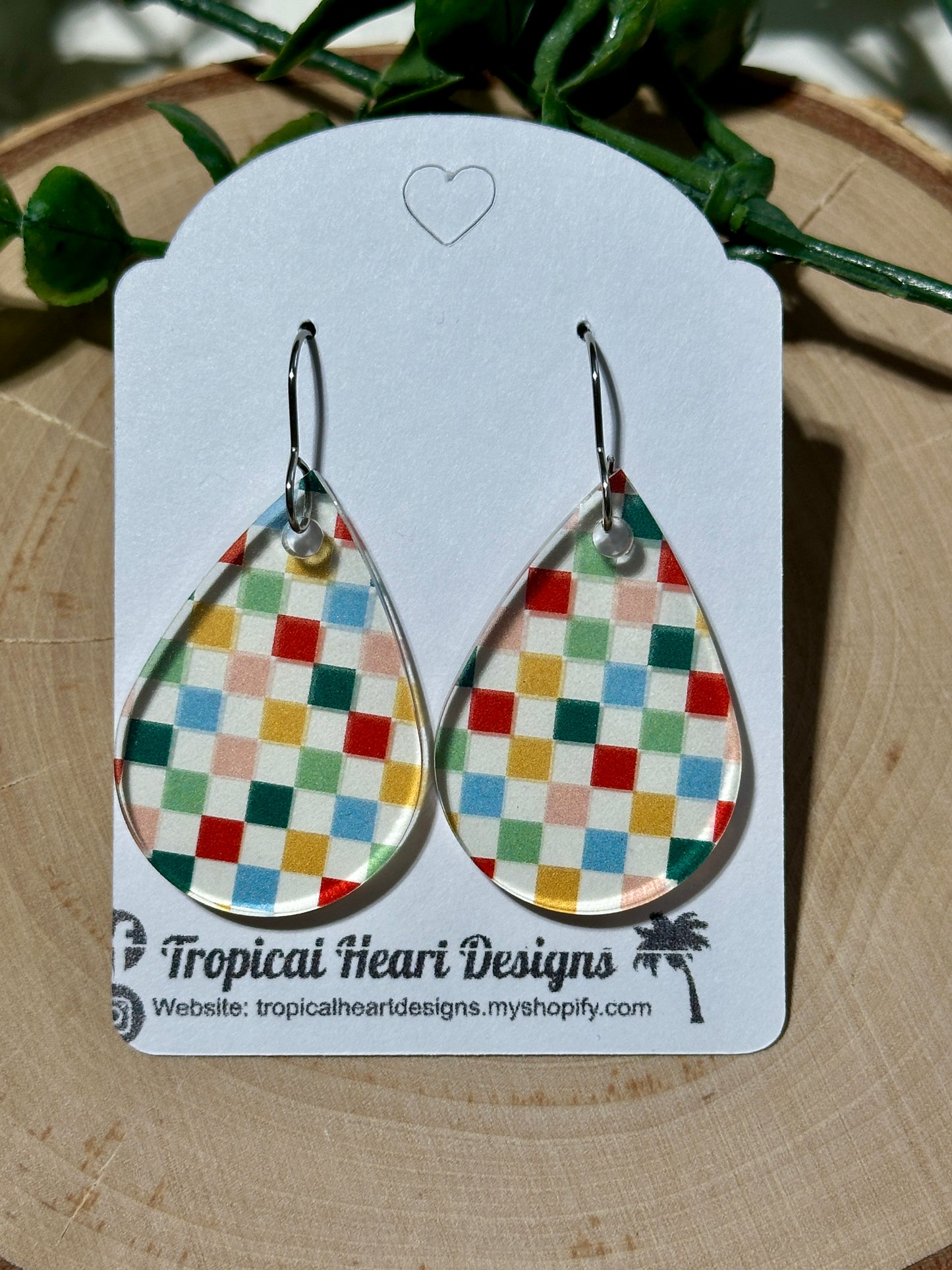 Small Acrylic Teardrop Earrings - Neutral Checkerboard
