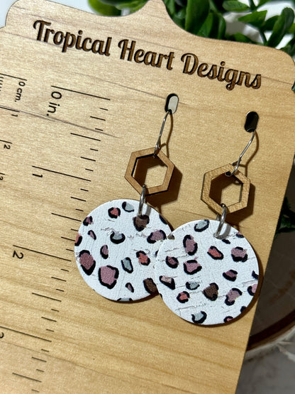 Boho Leopard Circle/Wooden Hexagon Earrings