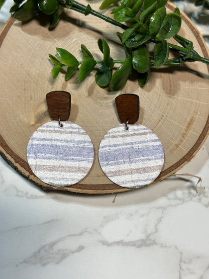 Ocean Blue Striped Circle/Wooden Post Earrings