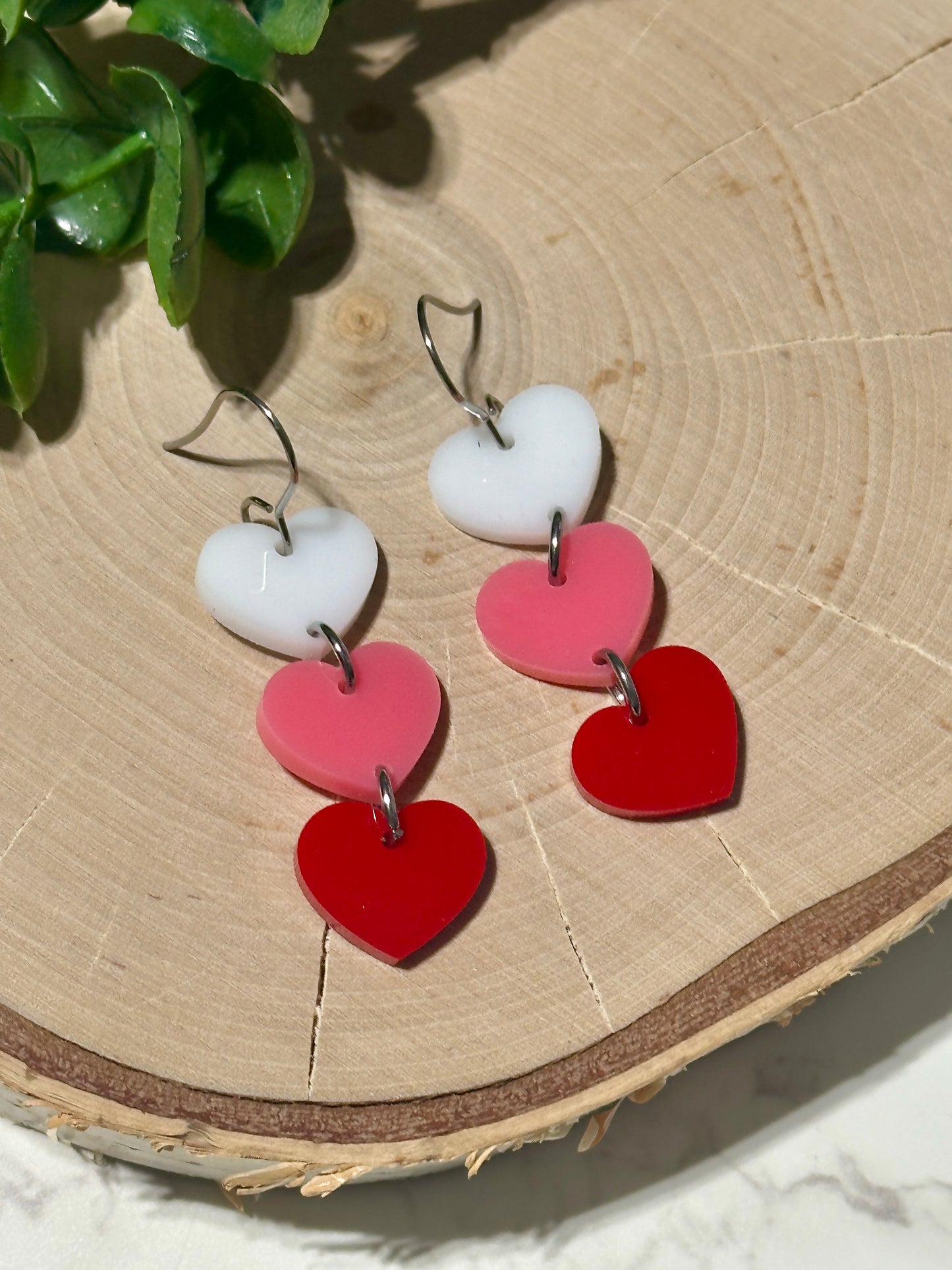 White, Pink, Red Triple Layer Heart Earrings