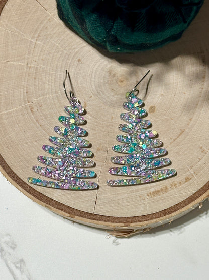 Squiggly 1.75” Tree Earrings - Sugared Glitter