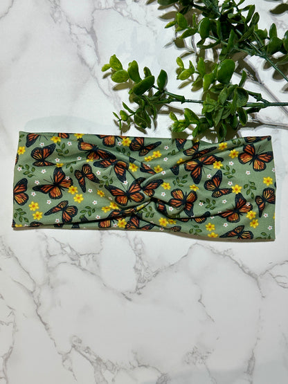 Monarch Butterflies on Green Twist Headband