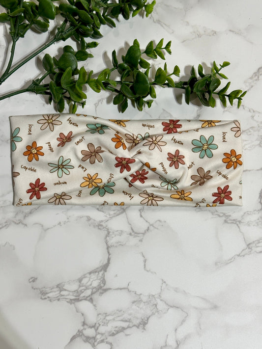 Positive Vibes Sketchy Daisies Twist Headband