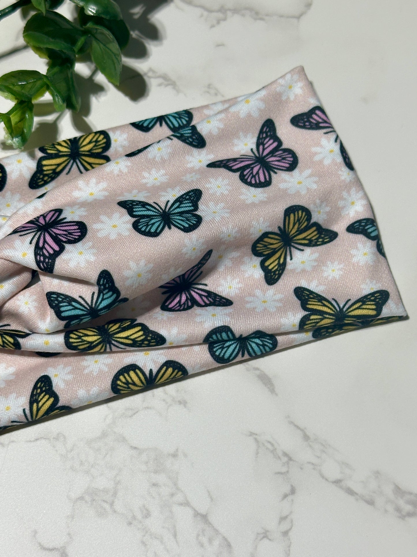 Butterflies/Flowers on Pink Twist Headband
