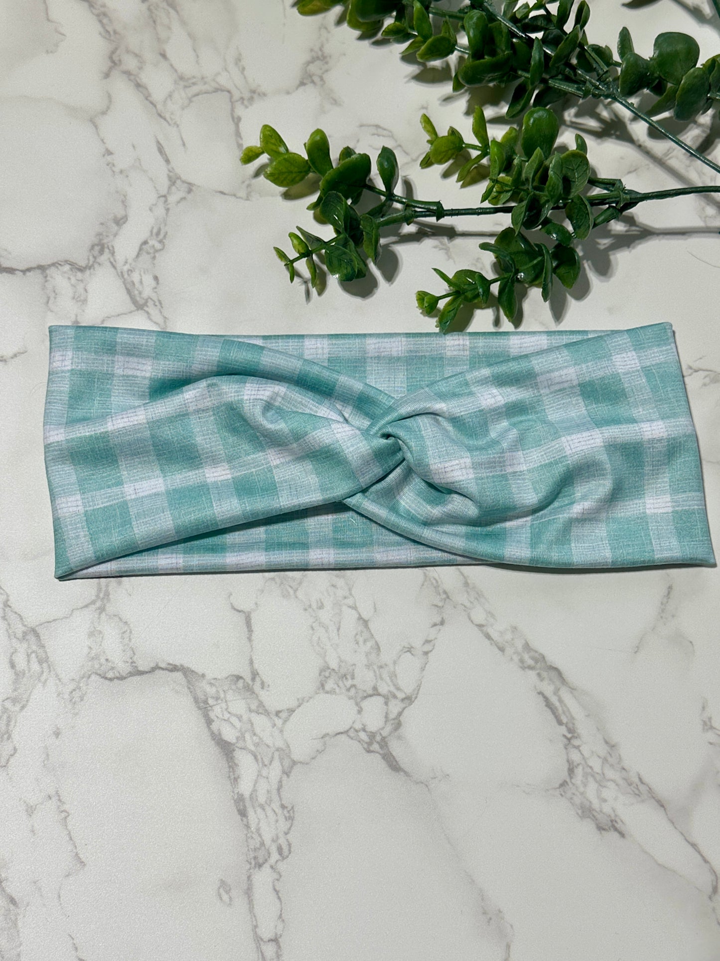Mint Green Gingham Plaid Twist Headband