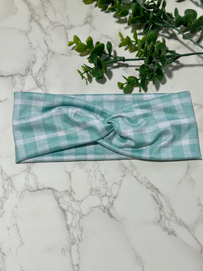 Mint Green Gingham Plaid Twist Headband