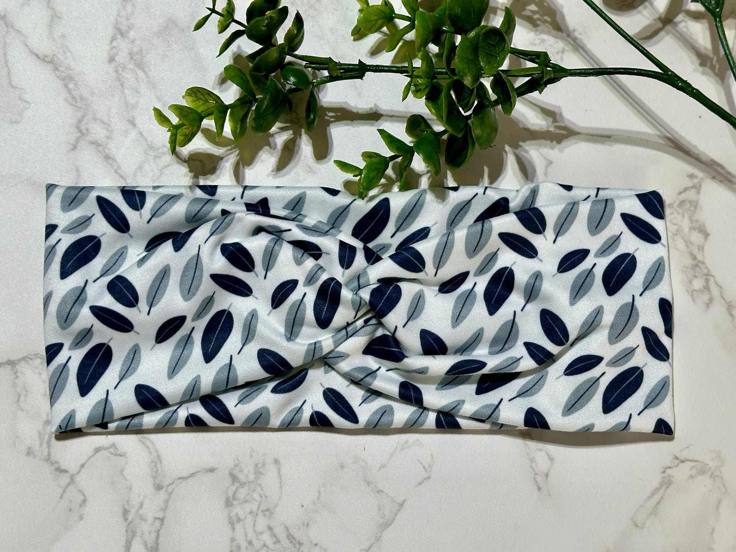 Blue Gray Leaves on White Twist Headband