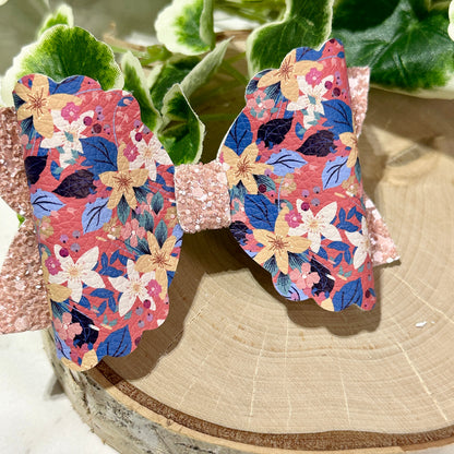 Blue/Yellow Flowers on Coral Hairbow