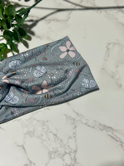 Bees and Flowers on Sage Twist Headband