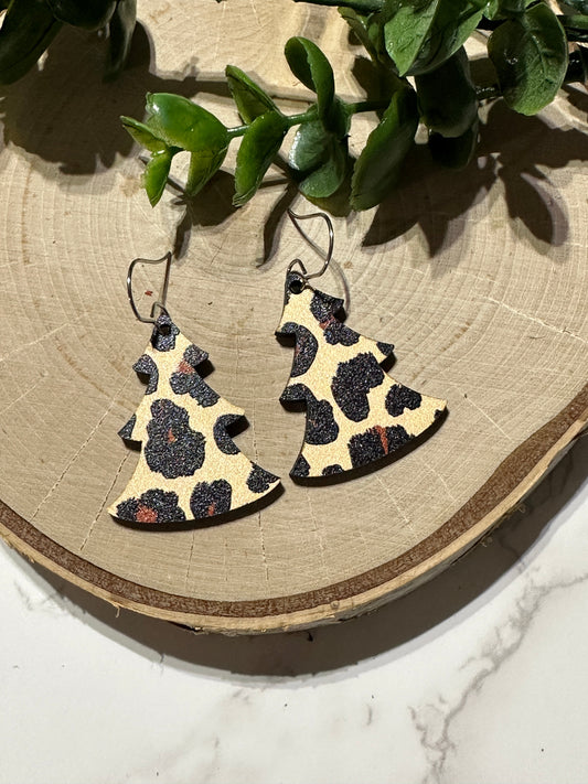 Leopard/Cheetah Wooden Christmas Tree Earrings
