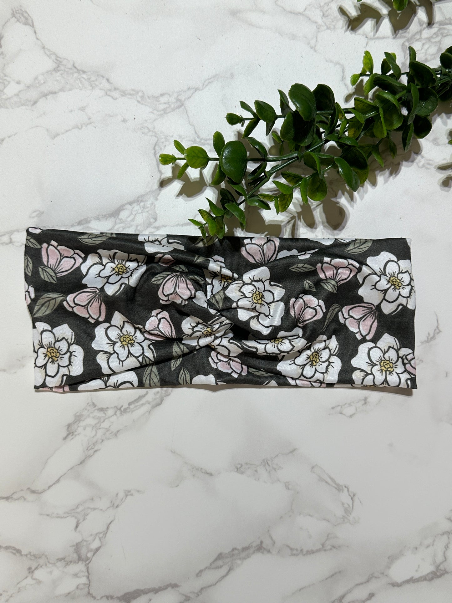 White/Pink Flowers on Dark Background Twist Headband