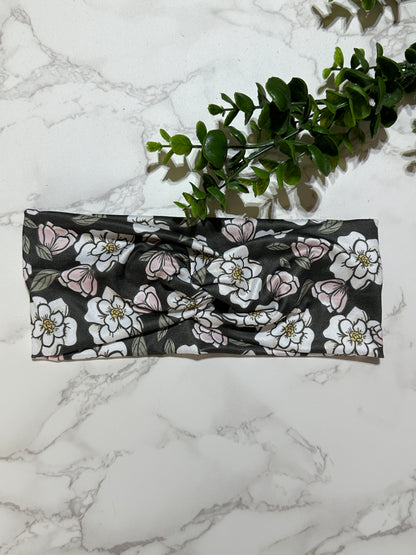 White/Pink Flowers on Dark Background Twist Headband