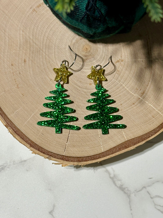 Squiggly 1.25” Tree and Star Earrings - Green Glitter