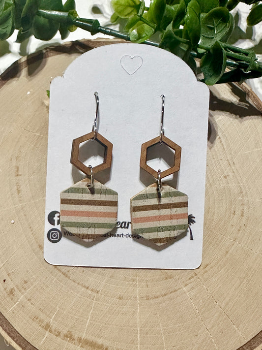 Hexagon/Connector Earrings - Boho Pink Stripes