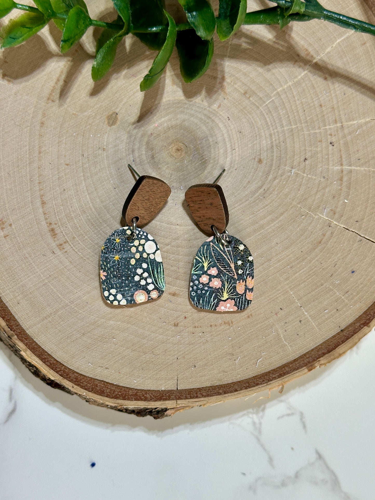 Mini Closed Arch/Connector Earrings - Flowers on Grey