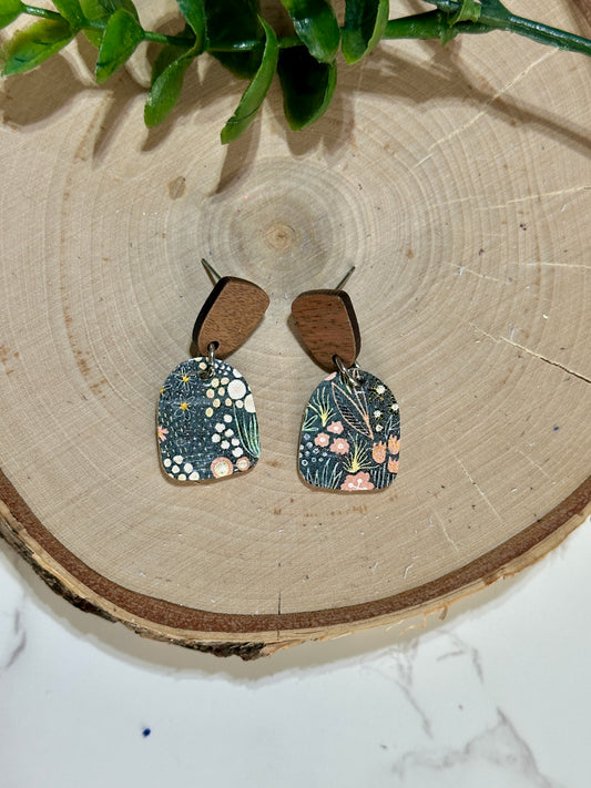 Mini Closed Arch/Connector Earrings - Flowers on Grey
