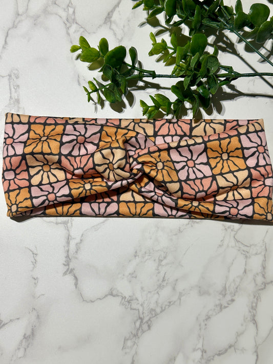 Retro Orange Floral on Taupe Twist Headband