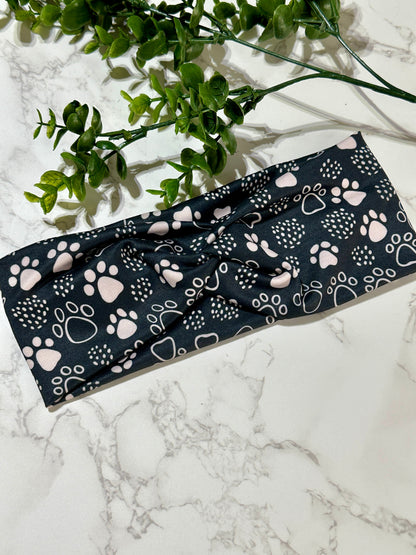 Paw prints on black twist headband