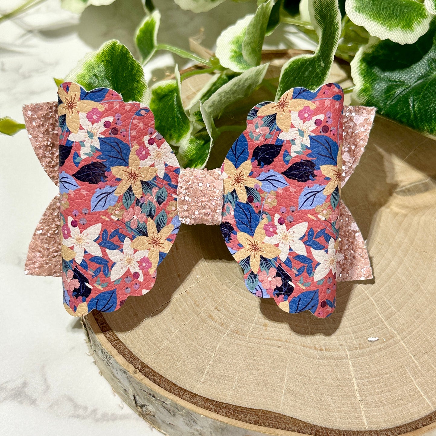 Blue/Yellow Flowers on Coral Hairbow