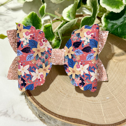 Blue/Yellow Flowers on Coral Hairbow