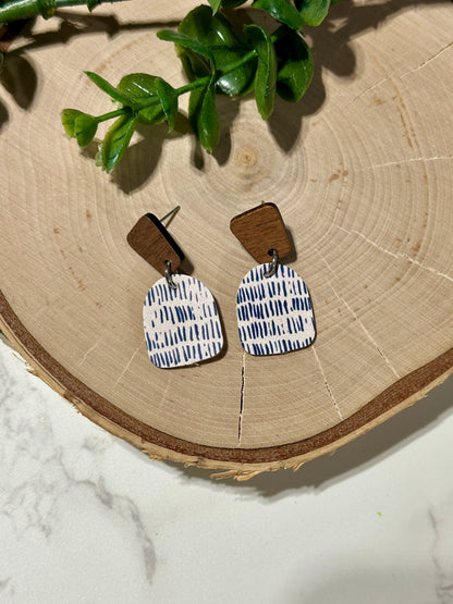Mini Closed Arch/Connector Earrings - Blue Dashes on White