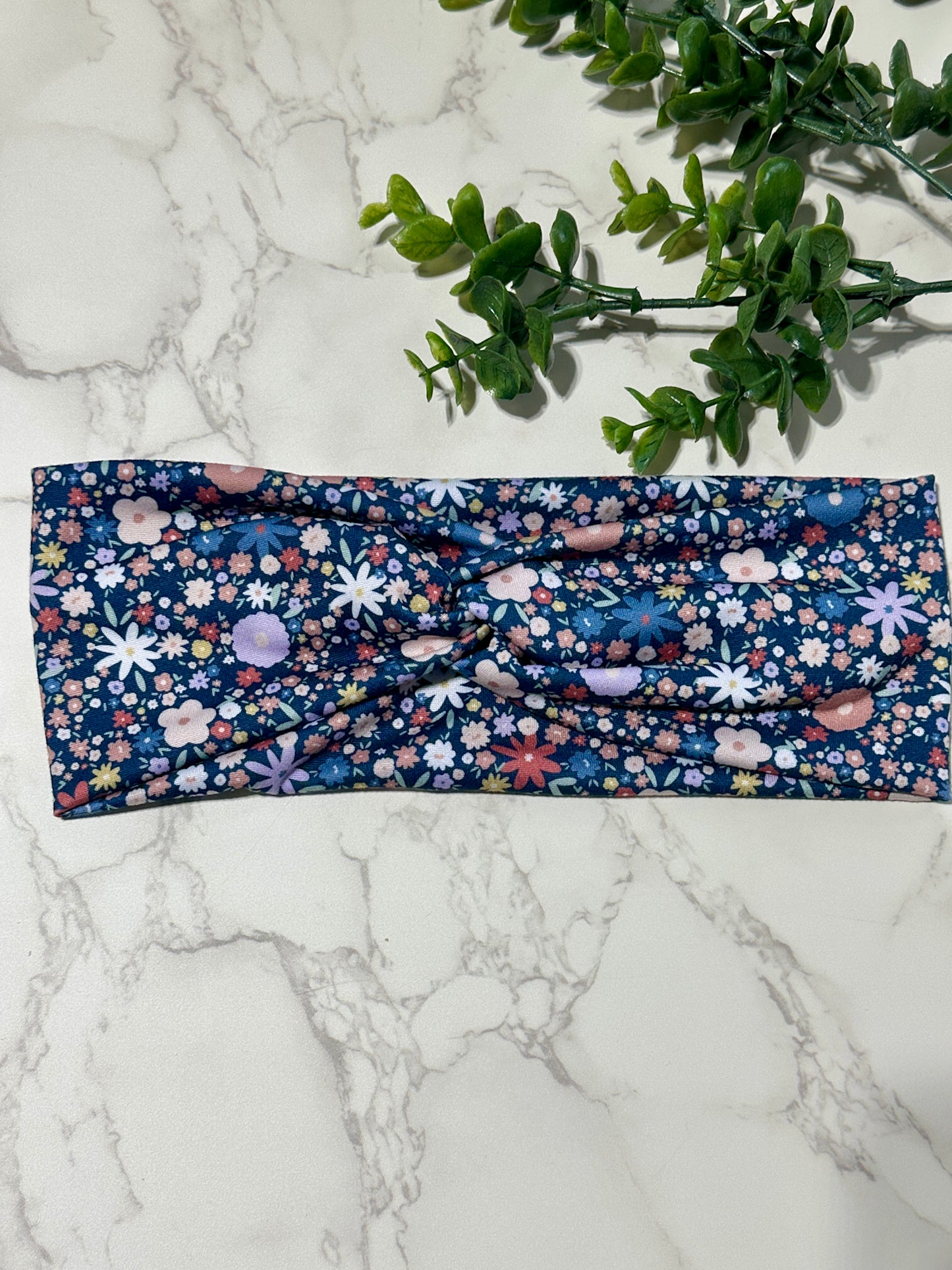 Flowers on Navy Twist Headband