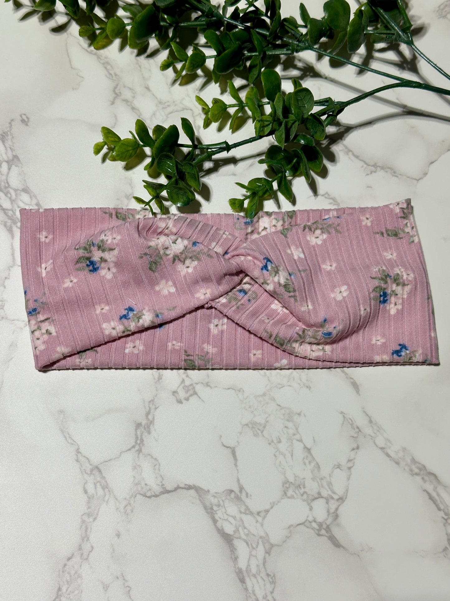 Delicate Flowers on Dusty Pink Ribbed Twist Headband