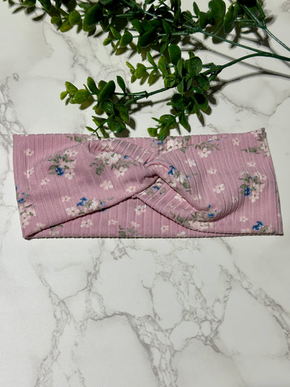 Delicate Flowers on Dusty Pink Ribbed Twist Headband
