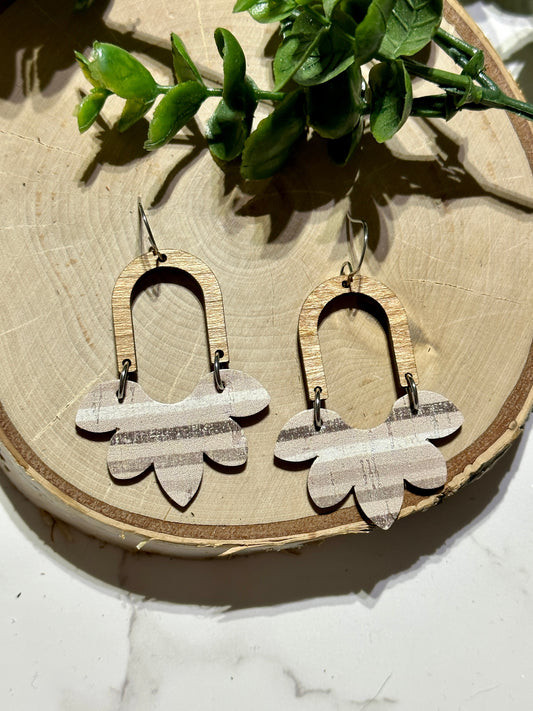 Neutral Stripes Half Flower/Wooden Arch Earrings