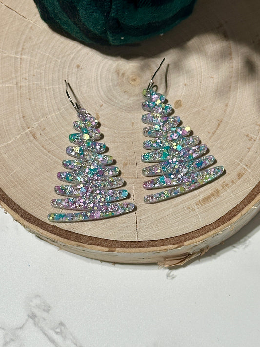 Squiggly 1.75” Tree Earrings - Sugared Glitter
