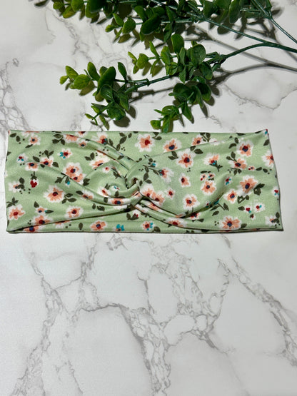 Pink Flowers on Light Sage Twist Headband