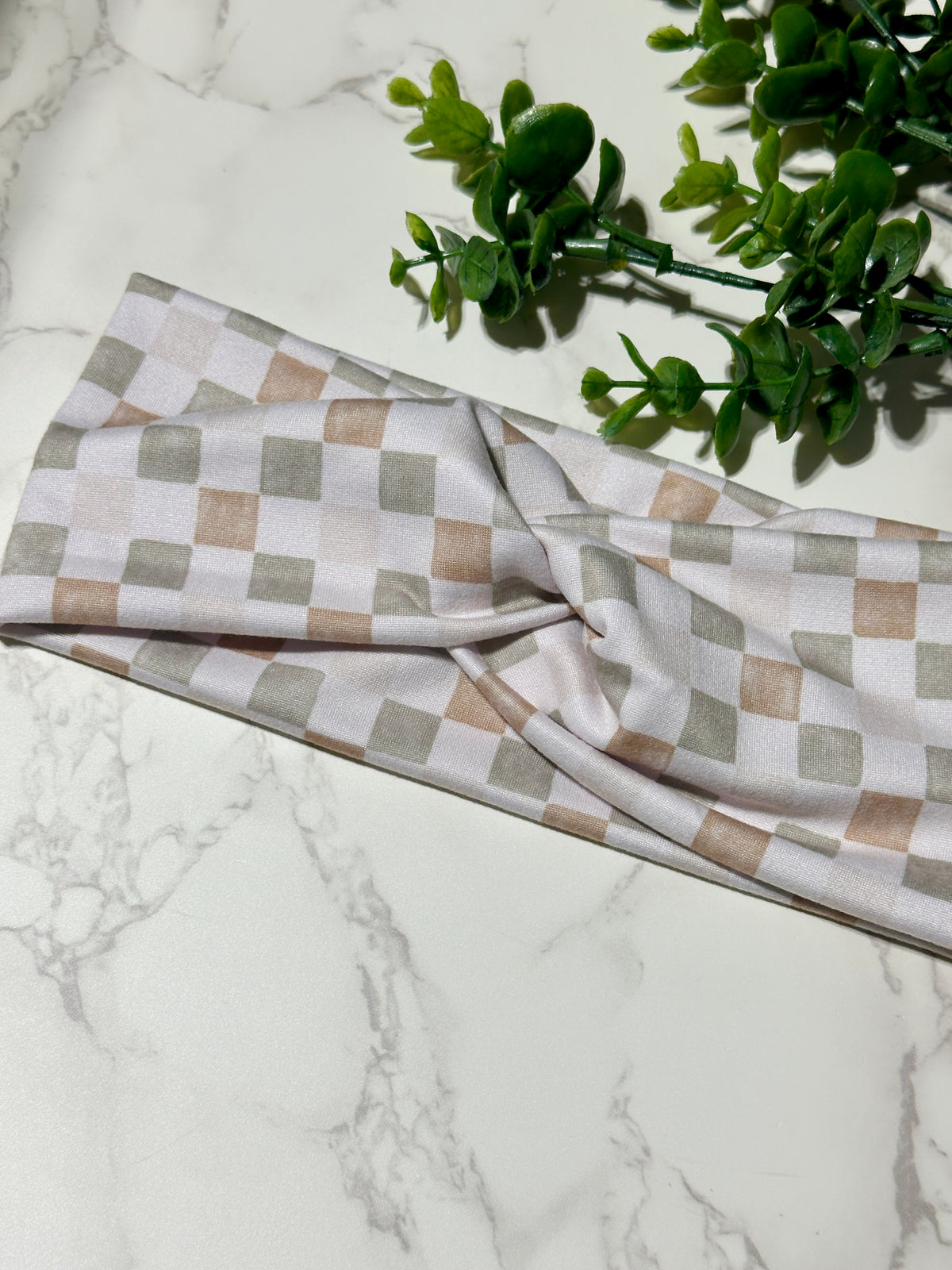 Cream and Sage Checkered Twist Headband