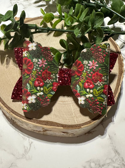Embossed Like Christmas Flower on Green Hairbow