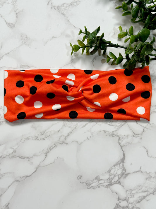 Black/White Spots on Orange Twist Headband