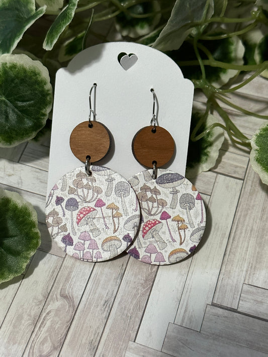 Mushroom Love Circle with wood connector Earrings