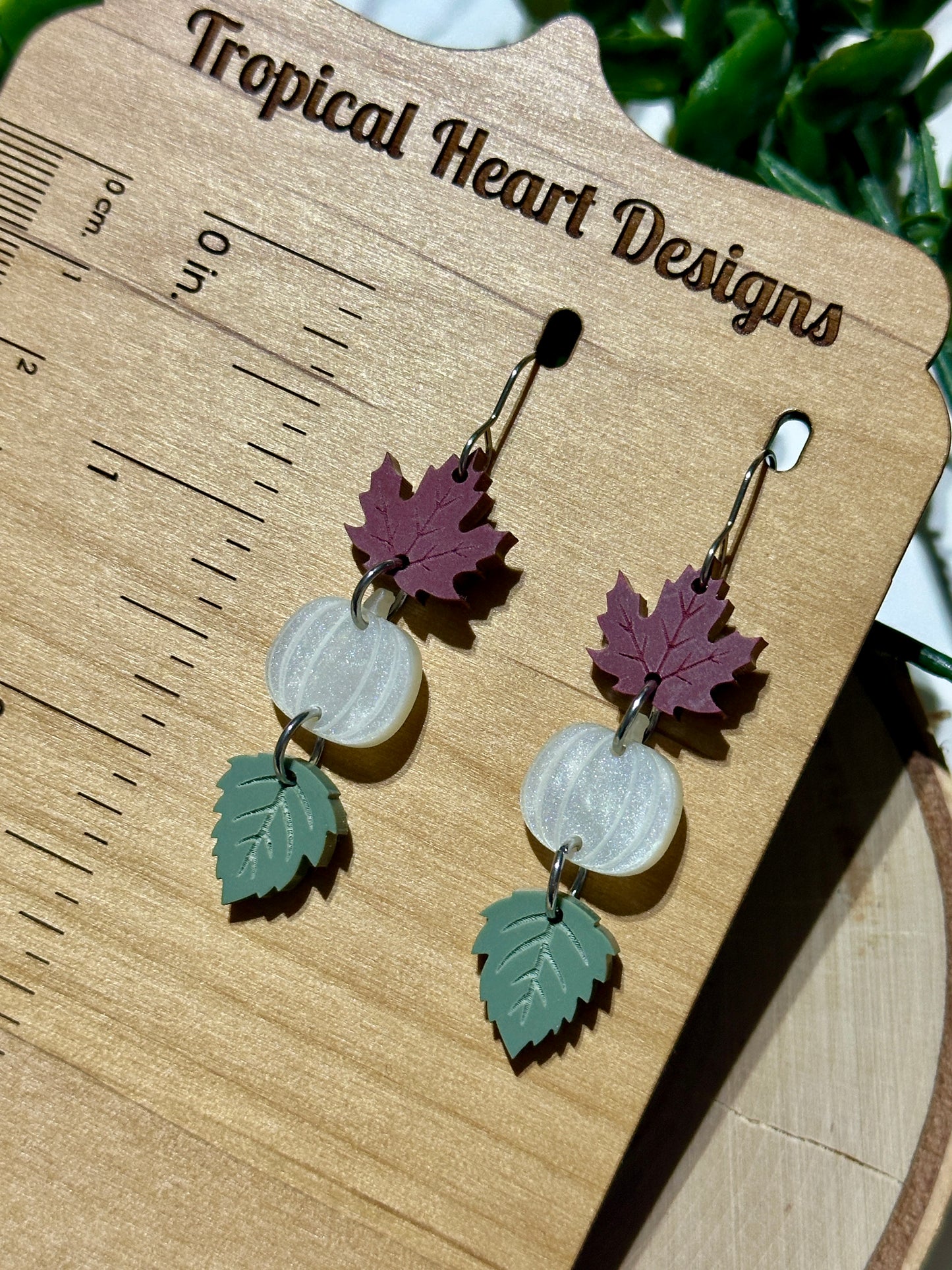 Triple Layer Muted Fall Pumpkin/Leaves Acrylic Earrings