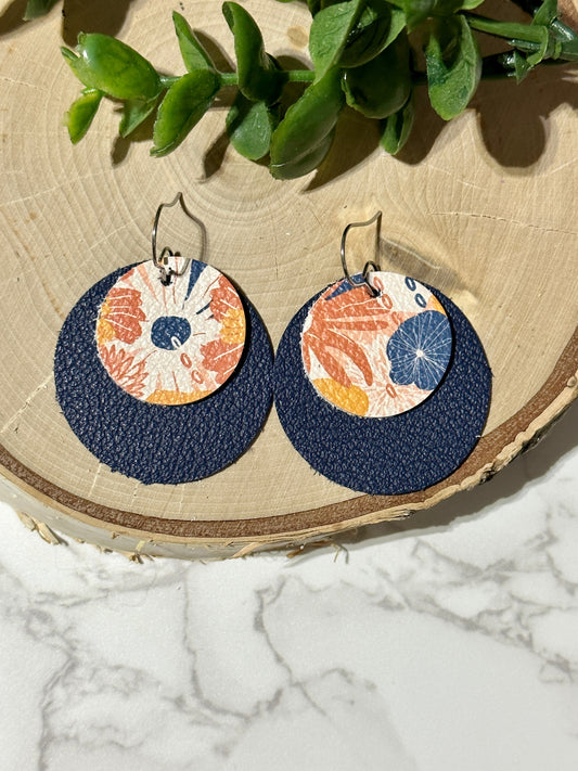 Orange/Navy Flowers on Navy Double Circle Earrings