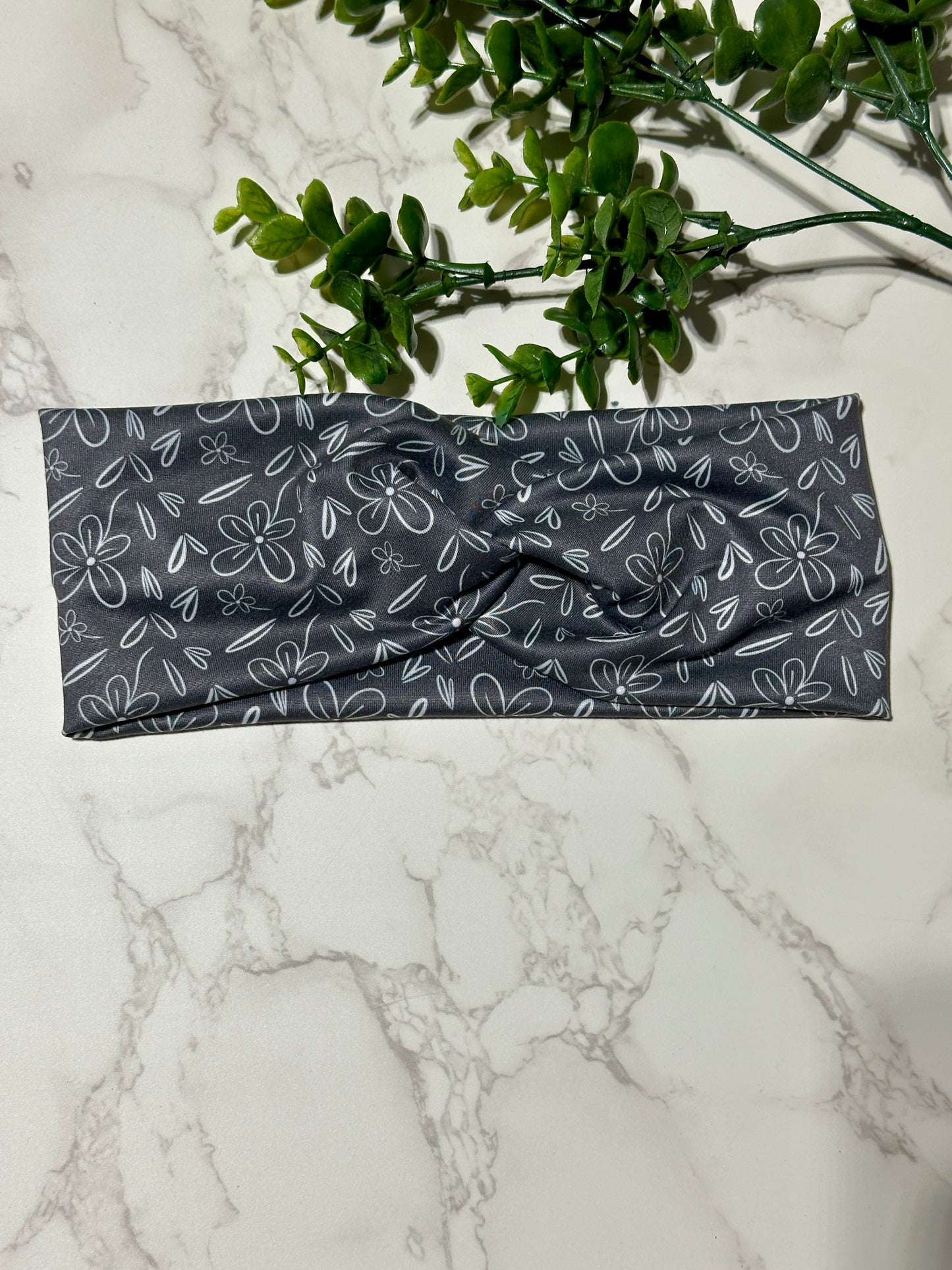 White Doodle Flowers on Dark Gray Twist Headband