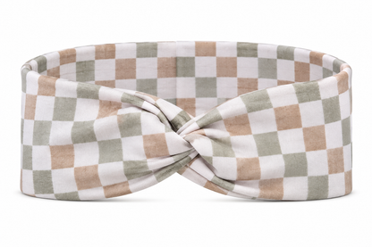 Cream and Sage Checkered Twist Headband