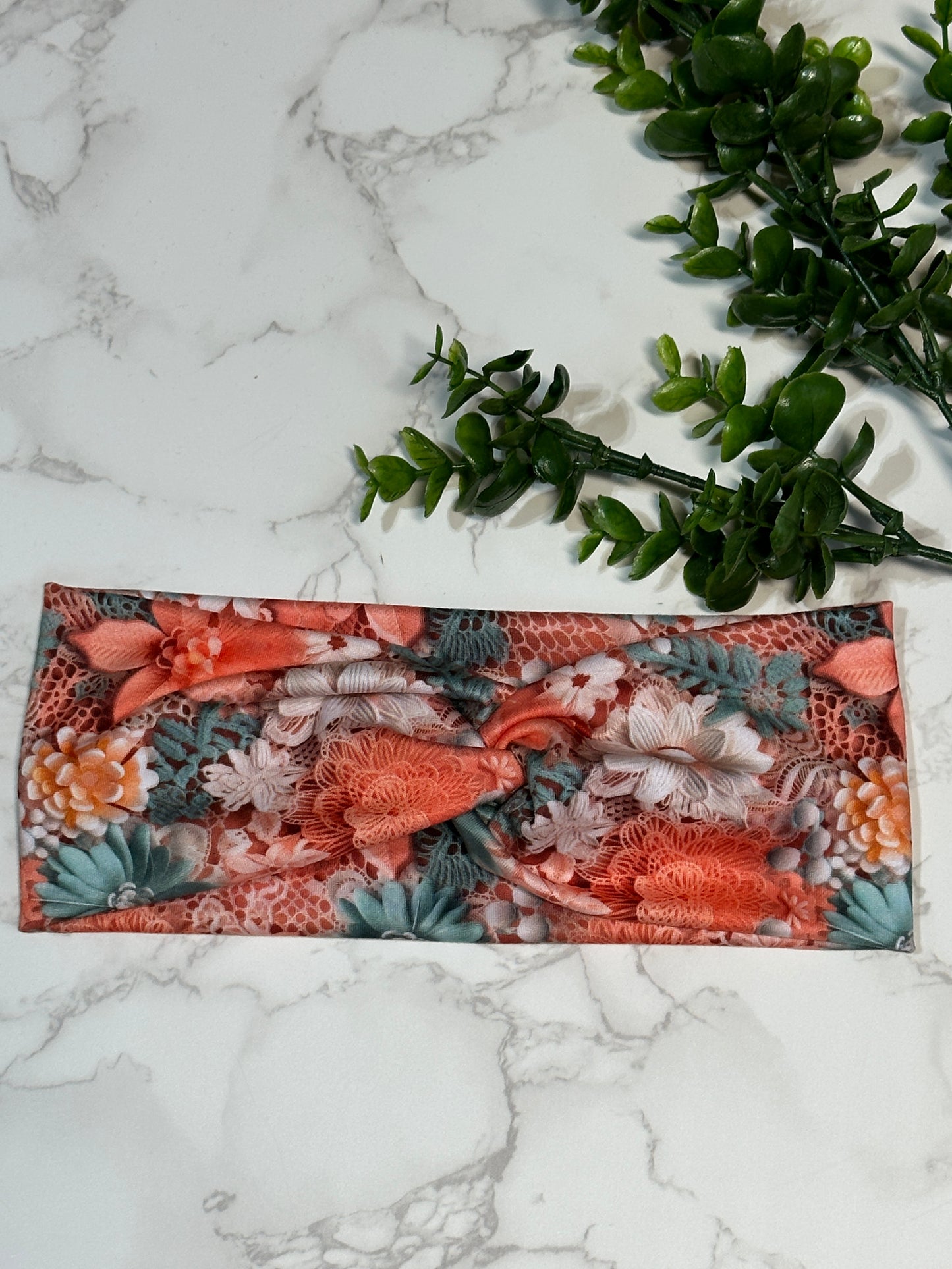 Aqua, Peach, Cream Floral Twist Headband