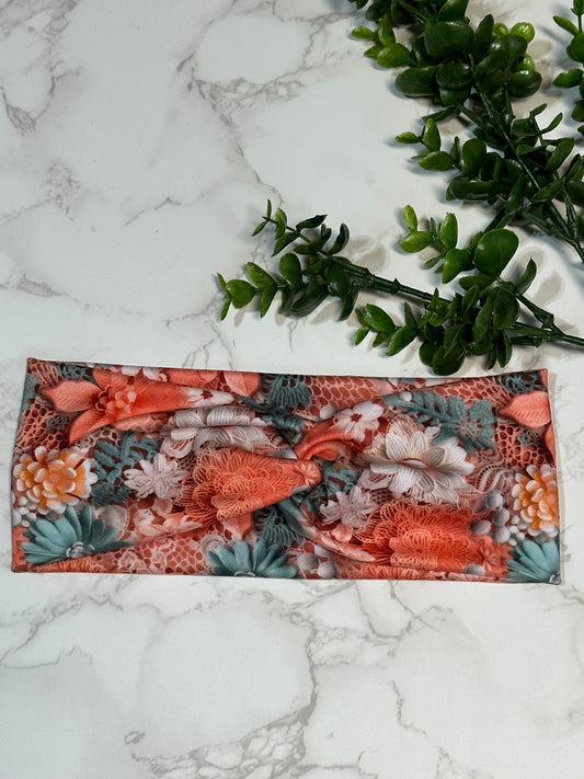 Aqua, Peach, Cream Floral Twist Headband