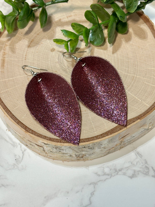 Burgundy Sparkle Pinched Leaf Earrings