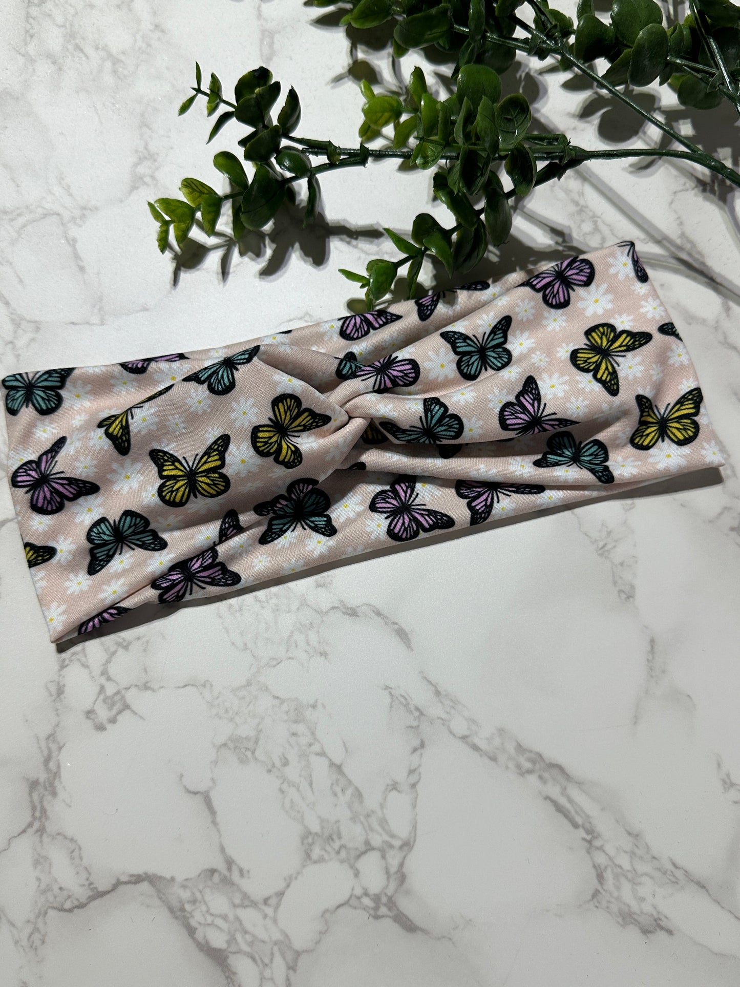 Butterflies/Flowers on Pink Twist Headband