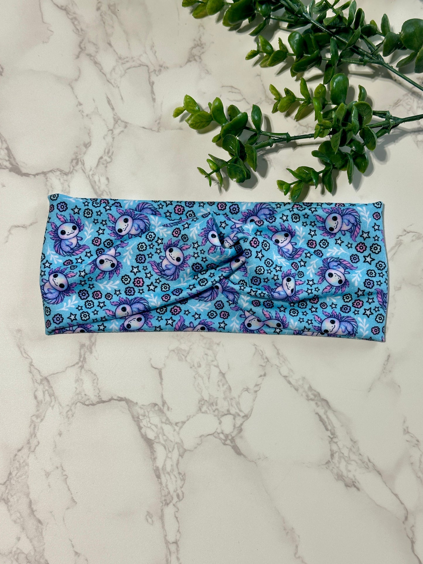 Cute Axolotl on Blue Twist Headband