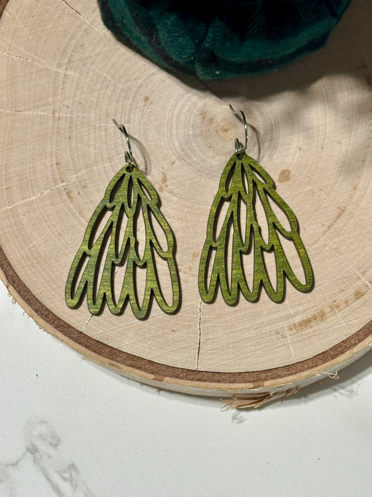 Wooden Olive Green Hand Drawn Tree Earrings