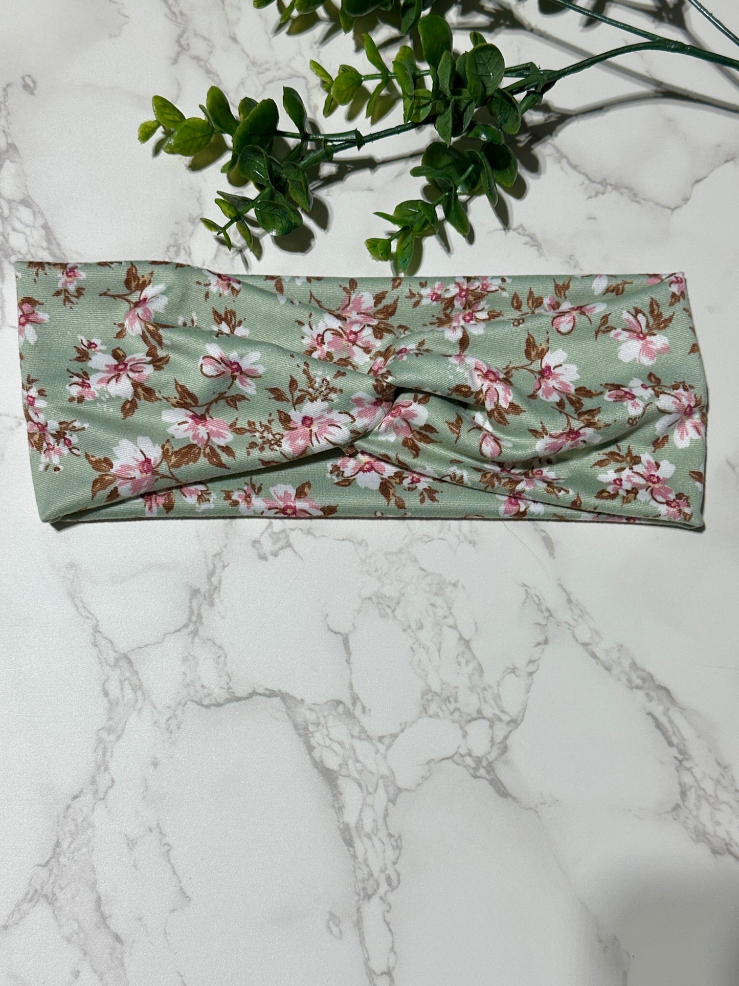 Pink/White Flowers on Green Twist Headband